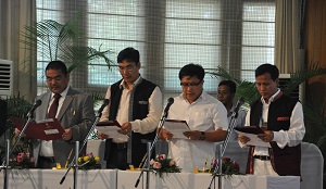 Administering the oath of newly appointed Cabinet Ministers of the State Shri Jomde Kena, Shri Takam Pario, Shri Kumar Waii and Shri Tapang Taloh (from Left to Right) in Darbar Hall, Raj Bhavan, Itanagar on 3rd August 2016.